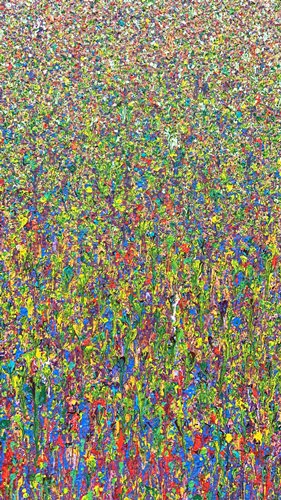 Abstraktes Gemälde 'Claim 90' von Mark Hellbusch (130x120 cm), das eine moderne Landschaft mit lebhaften Grün-, Blau- und Rottönen darstellt. Die dynamische Textur und die dichten Farbschichten schaffen eine faszinierende Tiefe (Nahaufnahme). ARTLET - Atelier Hellbusch.