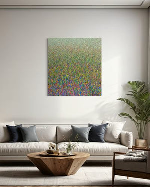 Abstraktes Gemälde 'Claim 90' von Mark Hellbusch (130x120 cm), das eine moderne Landschaft mit lebhaften Grün-, Blau- und Rottönen darstellt. Die dynamische Textur und die dichten Farbschichten schaffen eine faszinierende Tiefe (in situ). ARTLET - Atelier Hellbusch.