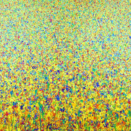 Abstraktes Gemälde „Claim 94“ mit intensiven Gelb- und Blautönen in 100 × 150 cm, 2019, Acryl auf Leinwand – Atelier Hellbusch