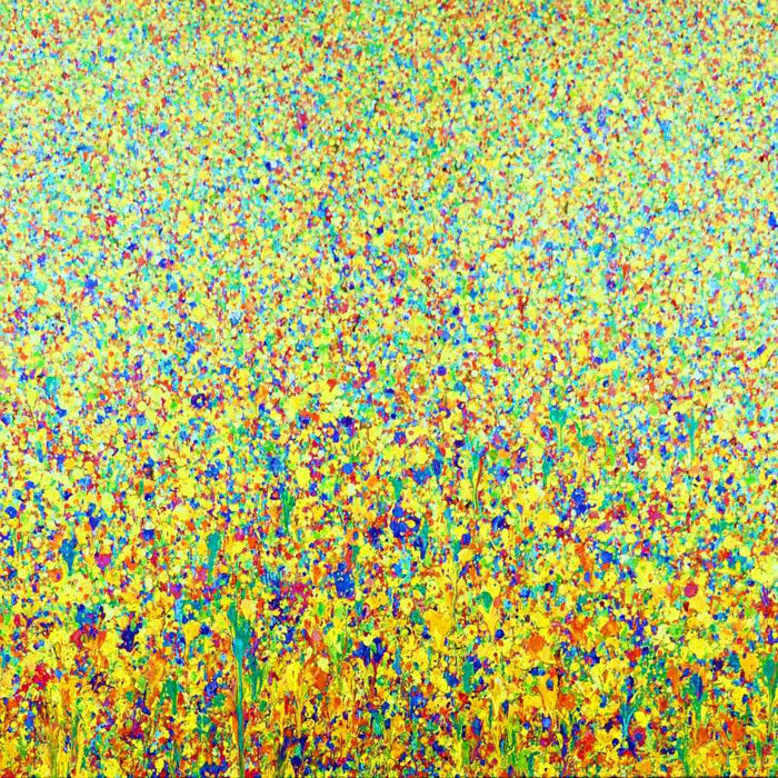 Abstraktes Gemälde „Claim 94“ mit intensiven Gelb- und Blautönen in 100 × 150 cm, 2019, Acryl auf Leinwand – Atelier Hellbusch