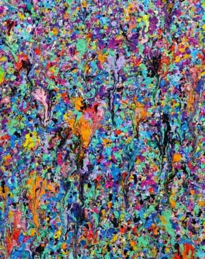 Claim 95 | Gemälde im Großformat, modern und abstrakt (Ausschnitt). Bunte Farben - insbesondere grün und violett, ergeben ein buntes, organisches Feld. Der Verlauf der Farben ist oben punktartig und hell. Im unteren Bereich des Gemäldes werden die Farben immer strichartiger und kräftiger. So entsteht der räumliche Eindruck, der an ein Feld oder Natur erinnert. Dieses Gemälde kann man online kaufen. Gemälde. ARTLET | Atelier Hellbusch.