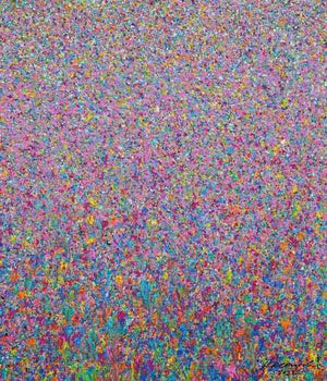 Claim 96 | Malerei in den Farben Pink und Grün 75 x 65 cm. Bunte Farben - insbesondere Pink, Grün und Blau ergeben ein abstraktes Farbfeld. Der Verlauf der Farben ist oben im Bild eher punktartig. Nach unten hin wird der Farbverlauf im Gemälde immer länger, also strichartig. So entsteht moderne Malerei, dass an Natur erinnert. Malerei ARTLET | Atelier Hellbusch.