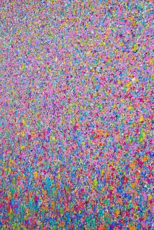 Claim 96 | Malerei in den Farben Pink und Grün 75 x 65 cm. Die Malerei ist aus der Seitenperspektive zu sehen. Bunte Farben - insbesondere Pink, Grün und Blau ergeben ein abstraktes Farbfeld. Der Verlauf der Farben ist oben im Bild eher punktartig. Nach unten hin wird der Farbverlauf im Gemälde immer länger, also strichartig. So entsteht moderne Malerei, dass an Natur erinnert. Malerei ARTLET | Atelier Hellbusch.