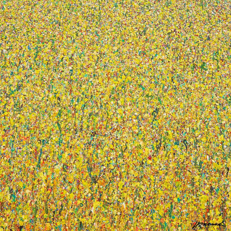 Abstraktes gelbes Gemälde „Claim 98“ von Mark Hellbusch, 80x80 cm, Acryl auf Leinwand, 2021, verkauft