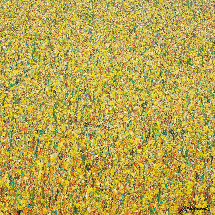 Abstraktes gelbes Gemälde „Claim 98“ von Mark Hellbusch, 80x80 cm, Acryl auf Leinwand, 2021, verkauft