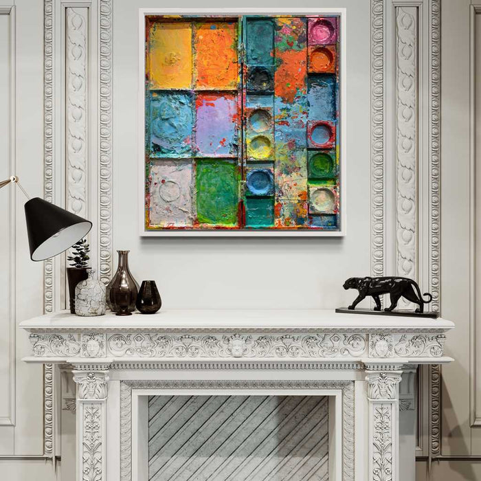 "Cooling" zeigt moderne Kunst auf dem Farbkasten (65 x 72 cm, in Situation). Zu sehen ist das Gemälde in Wiesbaden. In den Mischfächer (links) sind orangene, grüne und blaue Farben. Rechts befinden sich 9 Farbteller mit den bunten Farben eines Farbkastens. In den Zwischenräumen sind Farbkleckse und -flecken sichtbar. Diese experimentelle, sehr moderne Malerei kann man zum realistischen Preis online oder in Wiesbaden kaufen. Kunst. ARTLET | Atelier Hellbusch.