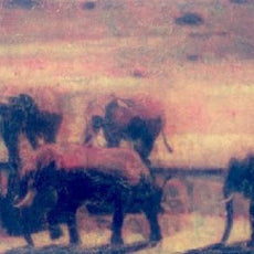 Elefants and Landscape – Ölbild mit Elefantenherde in weiter Landschaft, rote Malerei in fossiler Technik, expressive Tierdarstellung, Atelier Hellbusch.