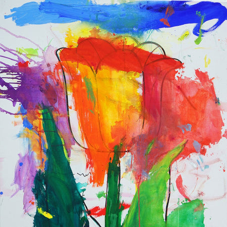 Blume IX (Ausschnitt) – großformatige expressive Blumenmalerei in Rot, Orange und Grün aus der Serie Schmiertafel von Mark Hellbusch