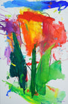 Blume IX – großformatige expressive Blumenmalerei in Rot, Orange und Grün aus der Serie Schmiertafel von Mark Hellbusch