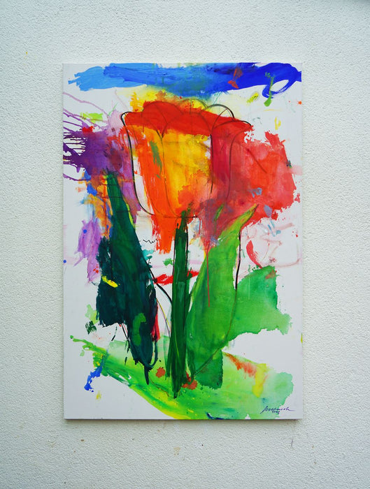 Blume IX – großformatige expressive Blumenmalerei in Rot, Orange und Grün aus der Serie Schmiertafel von Mark Hellbusch