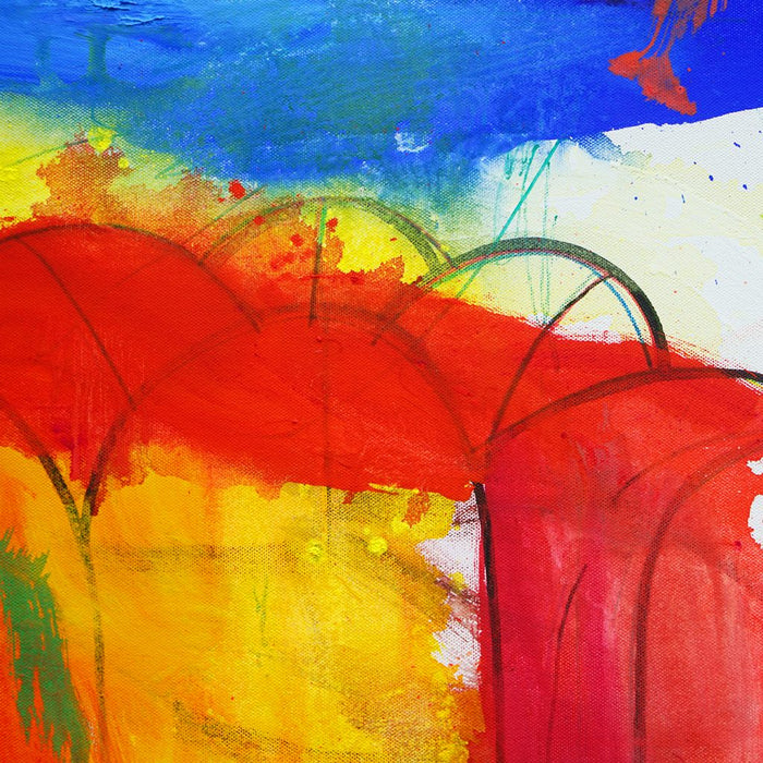 Blume IX (Ausschnitt) – großformatige expressive Blumenmalerei in Rot, Orange und Grün aus der Serie Schmiertafel von Mark Hellbusch