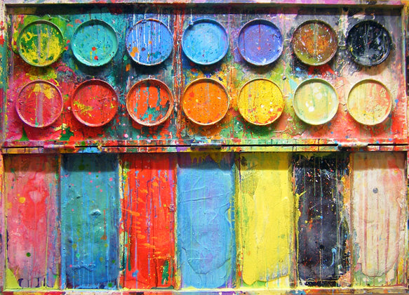 Farbenfrohes Farbkasten-Gemälde „Die Brise“ (110 × 150 × 4 cm, 2013) – runde Farbteller in kräftigen Tönen, rechteckige Flächen in Rosa, Blau, Gelb und Schwarz, tropfende und fließende Strukturen. Heute in Privatbesitz.