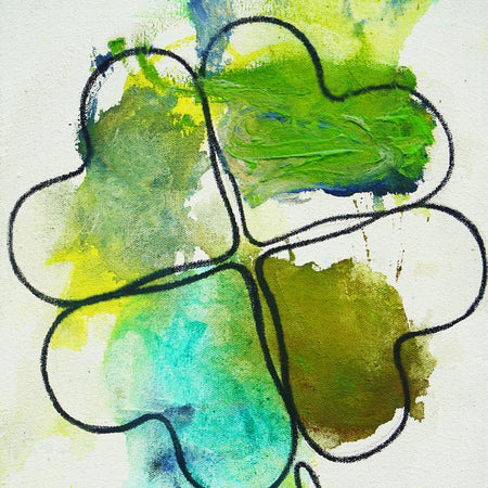 Glücksklee I (Ausschnitt) – grünes Kleeblatt in expressiver Ölmalerei aus der Serie Schmiertafel von Mark Hellbusch