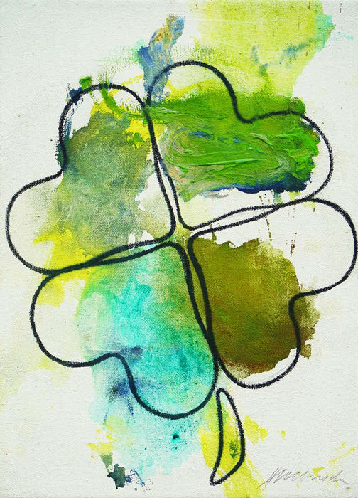 Glücksklee I – grünes Kleeblatt in expressiver Ölmalerei aus der Serie Schmiertafel von Mark Hellbusch