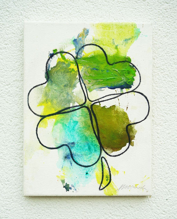 Glücksklee I (in situ) – grünes Kleeblatt in expressiver Ölmalerei aus der Serie Schmiertafel von Mark Hellbusch