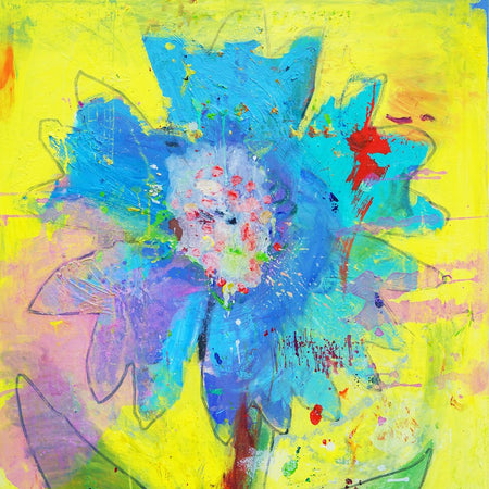 Blume VI – großformatiges blaues Blumenbild in moderner Kunst aus der Serie Schmiertafel von Mark Hellbusch