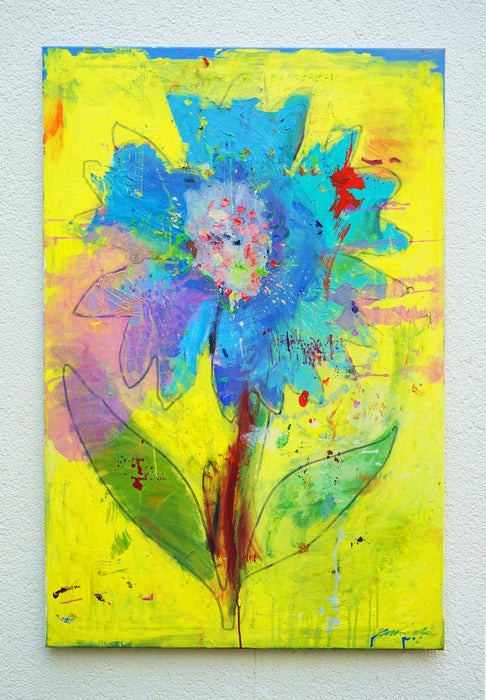 Blume VI – großformatiges blaues Blumenbild in moderner Kunst aus der Serie Schmiertafel von Mark Hellbusch