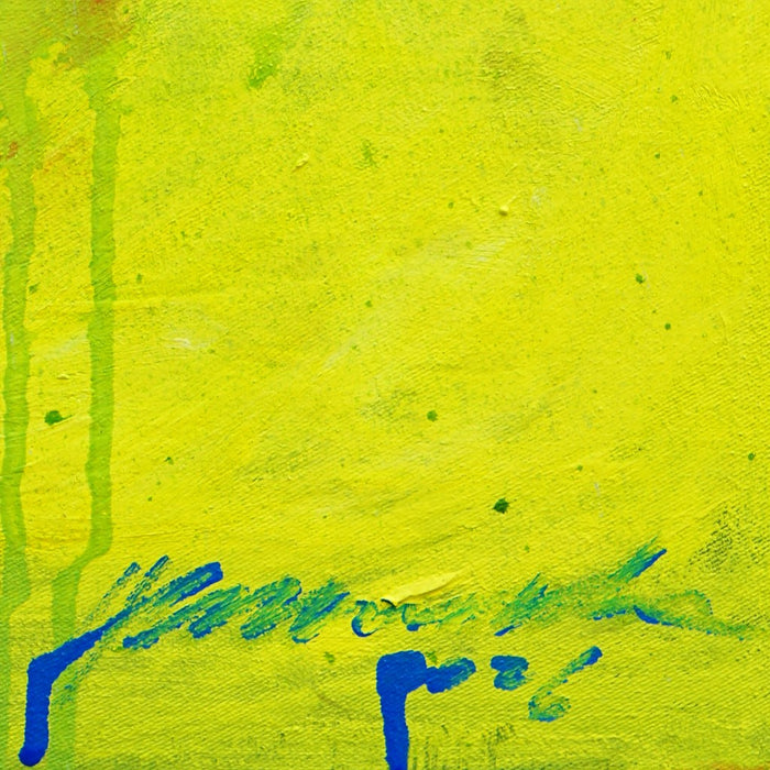Blume VI (Signatur) – großformatiges blaues Blumenbild in moderner Kunst aus der Serie Schmiertafel von Mark Hellbusch