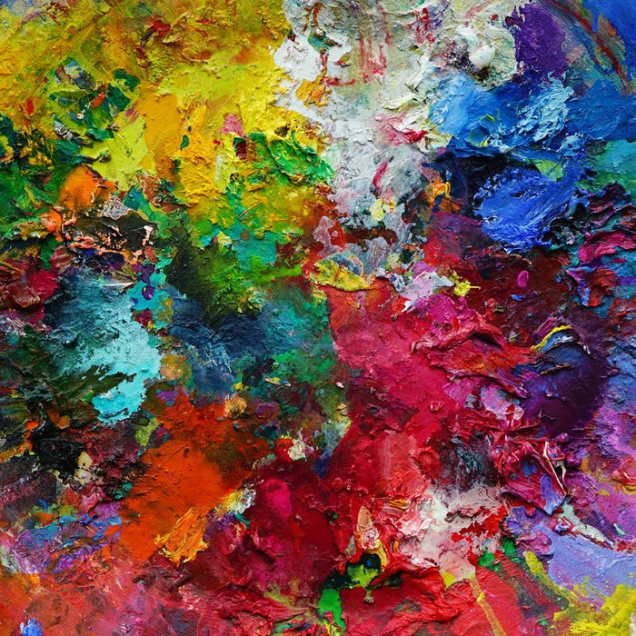 Hektisches Treiben (Ausschnitt) – farbintensive abstrakte Malerei auf einer überdimensionierten Palette mit kräftigen Rot-, Blau-, Grün- und Gelbtönen von Mark Hellbusch