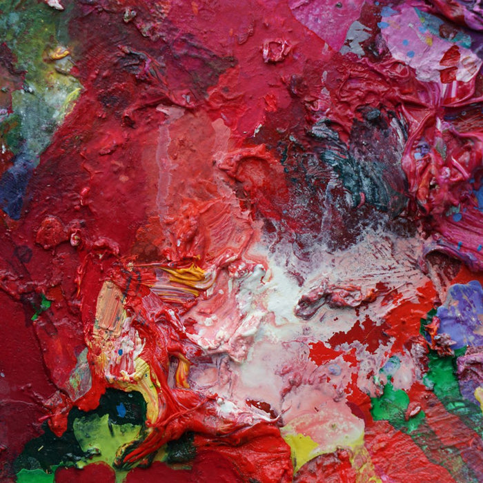 Hektisches Treiben (Ausschnitt) – farbintensive abstrakte Malerei auf einer überdimensionierten Palette mit kräftigen Rot-, Blau-, Grün- und Gelbtönen von Mark Hellbusch