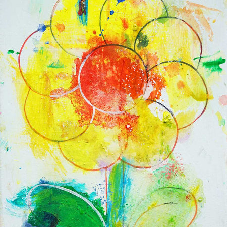 Blume II (Ausschnitt) – kleine moderne Blumenmalerei in Gelb, Orange und Grün aus der Serie Schmiertafel von Mark Hellbusch