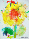 Blume II – kleine moderne Blumenmalerei in Gelb, Orange und Grün aus der Serie Schmiertafel von Mark Hellbusch