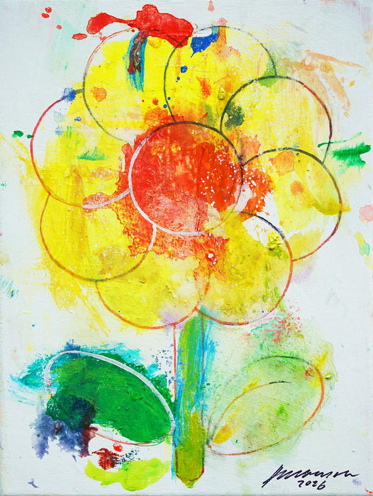 Blume II – kleine moderne Blumenmalerei in Gelb, Orange und Grün aus der Serie Schmiertafel von Mark Hellbusch