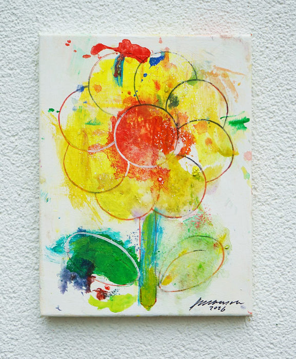 Blume II – kleine moderne Blumenmalerei in Gelb, Orange und Grün aus der Serie Schmiertafel von Mark Hellbusch