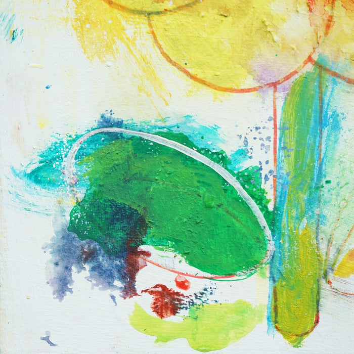 Blume II (Ausschnitt) – kleine moderne Blumenmalerei in Gelb, Orange und Grün aus der Serie Schmiertafel von Mark Hellbusch