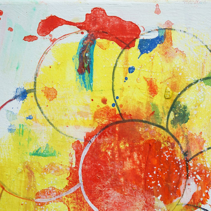 Blume II (Ausschnitt) – kleine moderne Blumenmalerei in Gelb, Orange und Grün aus der Serie Schmiertafel von Mark Hellbusch