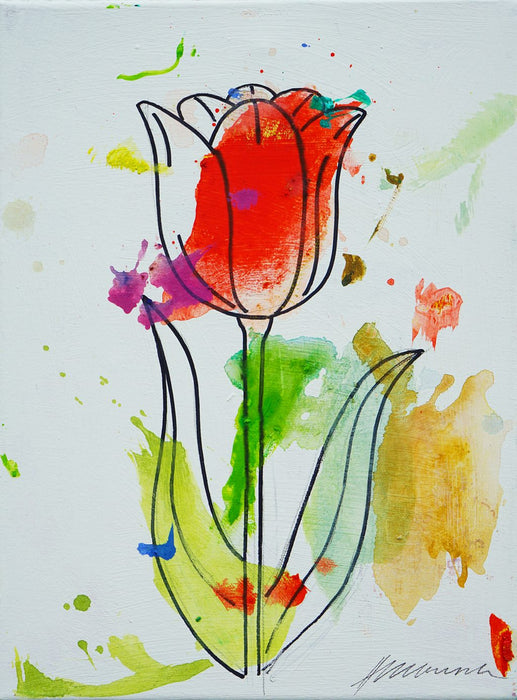 Blume III – kleine rote Tulpe in moderner Ölmalerei aus der Serie Schmiertafel von Mark Hellbusch