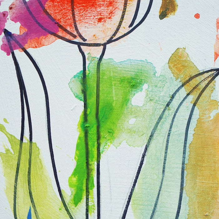Blume III (Ausschnitt) – kleine rote Tulpe in moderner Ölmalerei aus der Serie Schmiertafel von Mark Hellbusch
