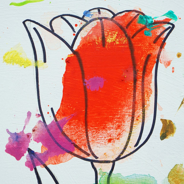 Blume III (Ausschnitt) – kleine rote Tulpe in moderner Ölmalerei aus der Serie Schmiertafel von Mark Hellbusch