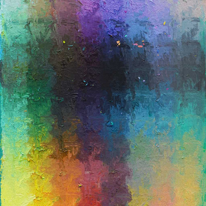 Output 10 von Mark Hellbusch – abstraktes Ölgemälde mit strukturierter Oberfläche in Grün, Gelb, Violett, Blau und Orange, 50 × 70 cm