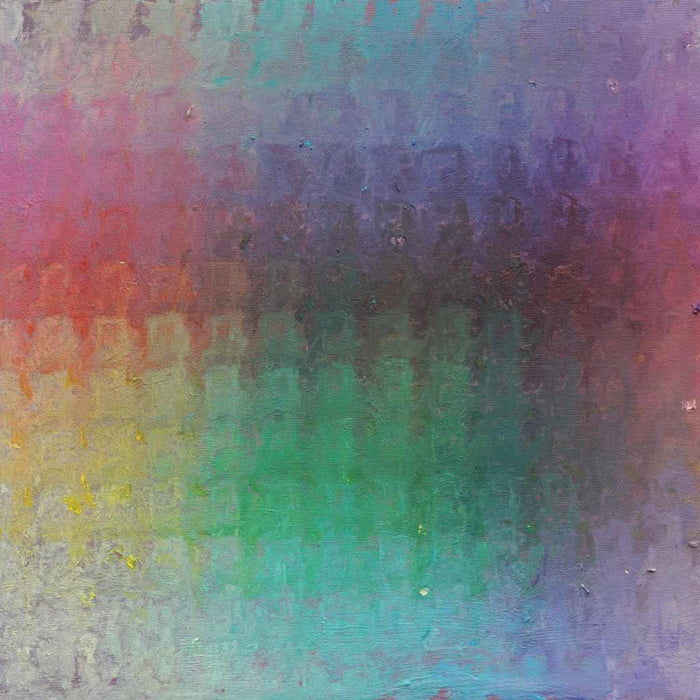 Output 11 von Mark Hellbusch – moderne abstrakte Malerei mit bunten Farbfeldern in Violett, Grün, Türkis, Rot und Gelb, Öl auf Leinwand, 70 × 50 cm
