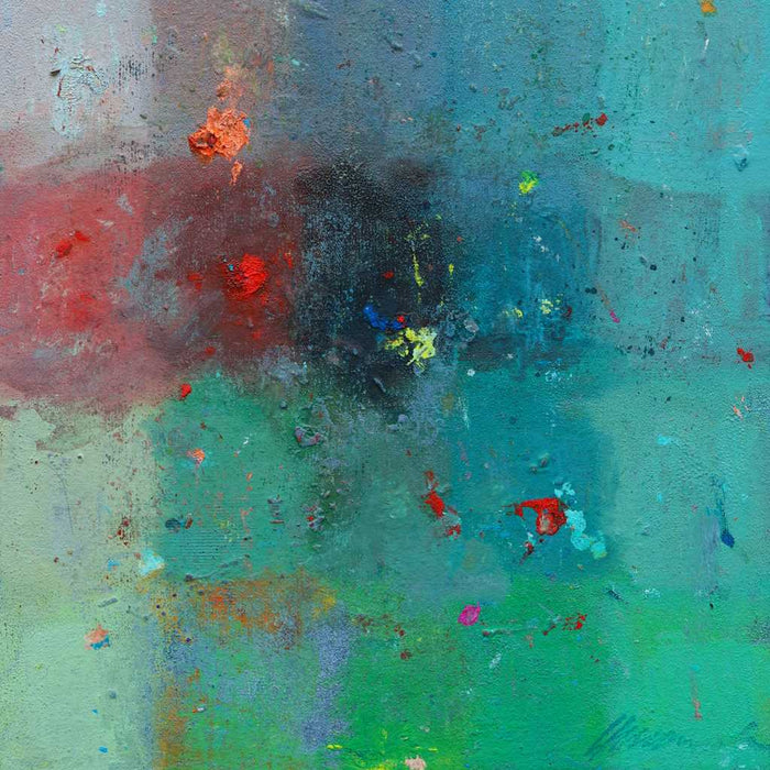 Output 4 (Ausschnitt) von Mark Hellbusch – abstraktes Ölgemälde in Blau, Türkis, Grün und Rot mit offenen Farbfeldern, 40 × 30 cm