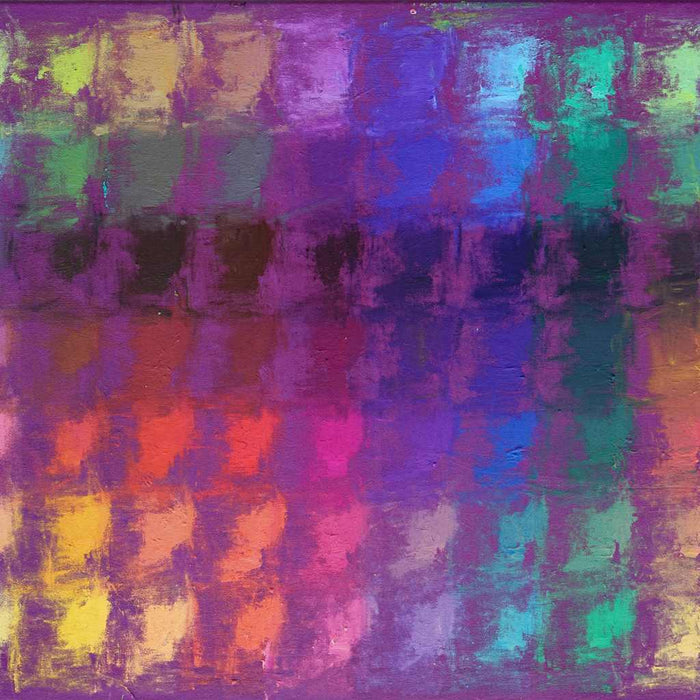 Output 7 (Ausschnitt) von Mark Hellbusch, farbenfrohes abstraktes Ölgemälde mit Farbfeldern in Violett, Pink, Orange, Türkis, Grün und Gelb, 60 × 80 cm