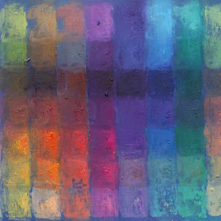 Output 8 (Ausschnitt) von Mark Hellbusch – buntes abstraktes Ölgemälde mit Farbfeldern in Blau, Violett, Grün, Rot und Orange, 60 × 80 cm