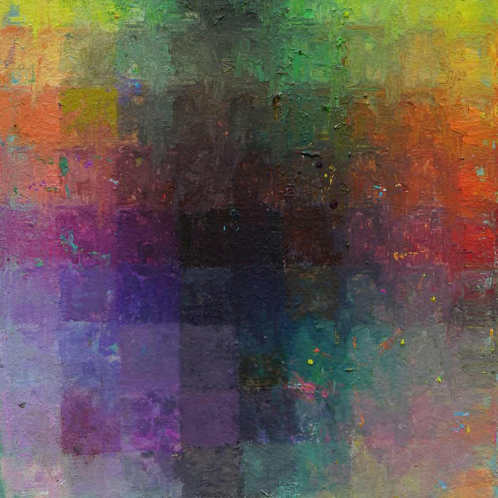 Output 9 von Mark Hellbusch – abstraktes Ölgemälde mit Farbfeldern in Grün, Gelb, Orange, Violett und Türkis, 50 × 70 cm