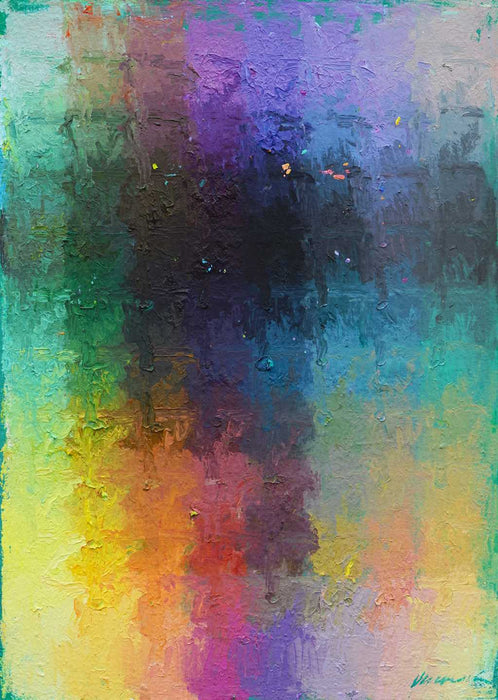 Output 10 von Mark Hellbusch – abstraktes Ölgemälde mit strukturierter Oberfläche in Grün, Gelb, Violett, Blau und Orange, 50 × 70 cm