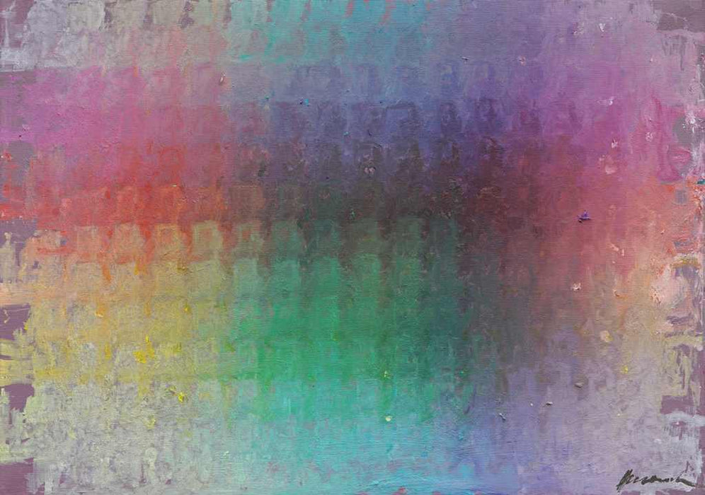 Output 11 von Mark Hellbusch – moderne abstrakte Malerei mit bunten Farbfeldern in Violett, Grün, Türkis, Rot und Gelb, Öl auf Leinwand, 70 × 50 cm
