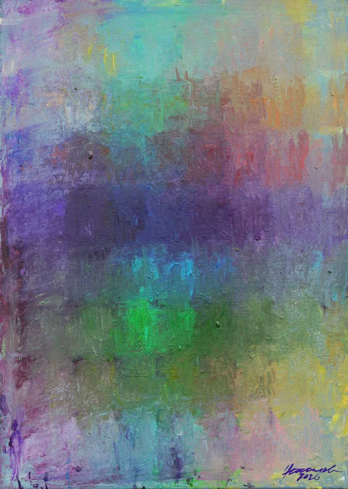 Output 12 von Mark Hellbusch – abstraktes Gemälde in Violett, Grün, Türkis und Blau, Öl auf Leinwand, 70 × 50 cm, 2026