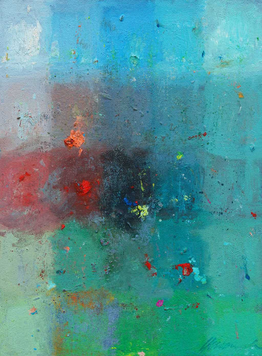 Output 4 von Mark Hellbusch – abstraktes Ölgemälde in Blau, Türkis, Grün und Rot mit offenen Farbfeldern, 40 × 30 cm