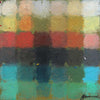 Output 5 von Mark Hellbusch, quadratisches abstraktes Ölgemälde mit Farbfeldern in Grün, Türkis, Rot, Schwarz und Ocker, 50 × 50 cm