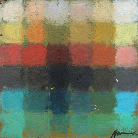 Output 5 von Mark Hellbusch, quadratisches abstraktes Ölgemälde mit Farbfeldern in Grün, Türkis, Rot, Schwarz und Ocker, 50 × 50 cm