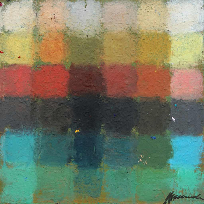 Output 5 von Mark Hellbusch, quadratisches abstraktes Ölgemälde mit Farbfeldern in Grün, Türkis, Rot, Schwarz und Ocker, 50 × 50 cm