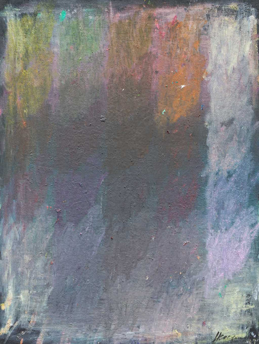 Output 6 von Mark Hellbusch, abstraktes Ölgemälde in Schwarz, Anthrazit und Violett mit grünen und orangefarbenen Farbspuren, 80 × 60 cm