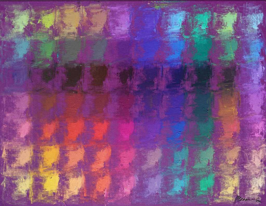 Output 7 von Mark Hellbusch, farbenfrohes abstraktes Ölgemälde mit Farbfeldern in Violett, Pink, Orange, Türkis, Grün und Gelb, 60 × 80 cm