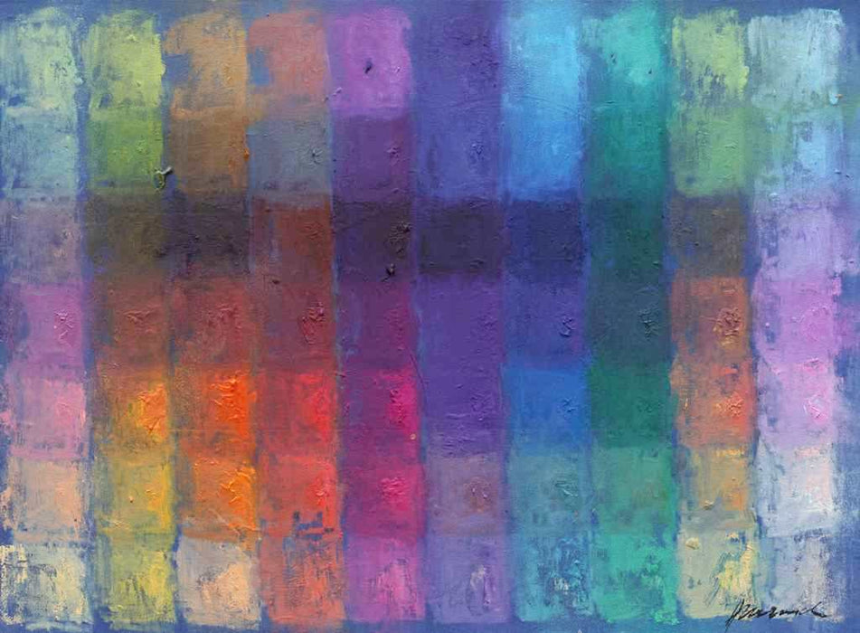 Output 8 von Mark Hellbusch – buntes abstraktes Ölgemälde mit Farbfeldern in Blau, Violett, Grün, Rot und Orange, 60 × 80 cm