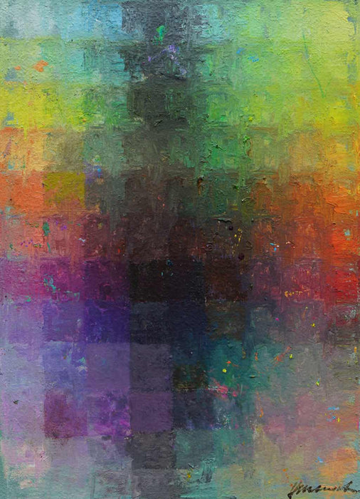 Output 9 von Mark Hellbusch – abstraktes Ölgemälde mit Farbfeldern in Grün, Gelb, Orange, Violett und Türkis, 50 × 70 cm